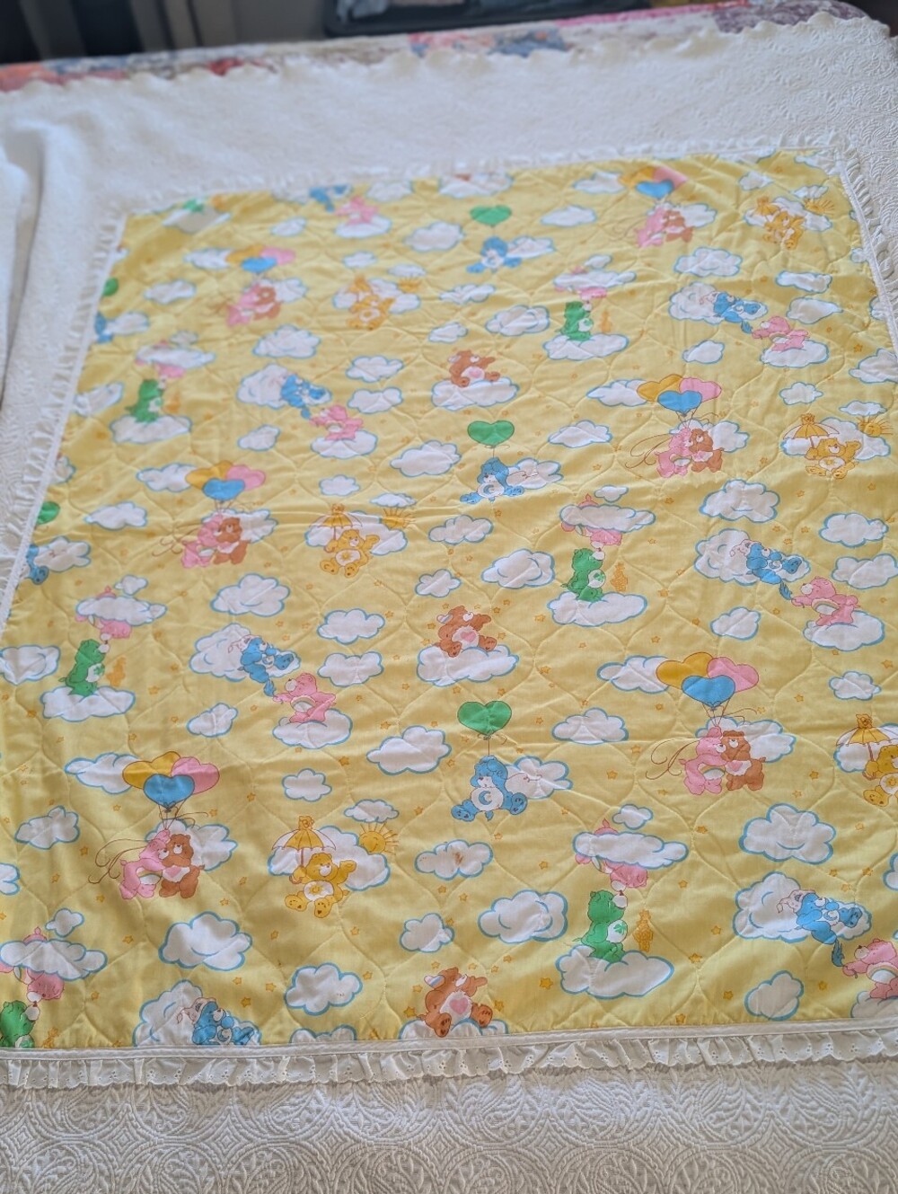 Vintage Care Bears quilted blanket crib toddler bed size 52"x44" eyelet pastel